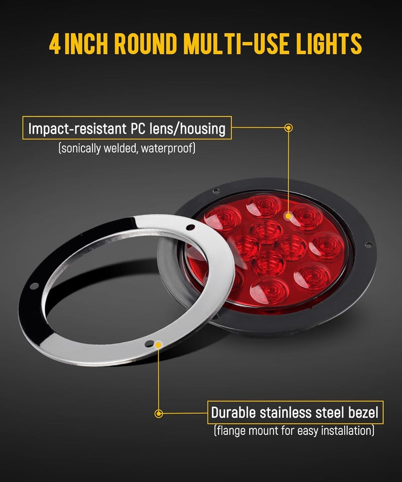 Partsam 10Pcs Red 4" Inch Round LED Trailer Tail Lights 12LED Flange Mount Stainless Steel Chrome Bezel Waterproof Stop Turn Tail Brake Lights Replacement for Trucks RV 12V - Image 3