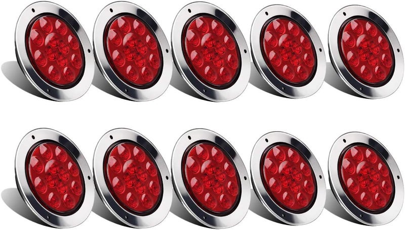 Partsam 10Pcs Red 4" Inch Round LED Trailer Tail Lights 12LED Flange Mount Stainless Steel Chrome Bezel Waterproof Stop Turn Tail Brake Lights Replacement for Trucks RV 12V - Image 1