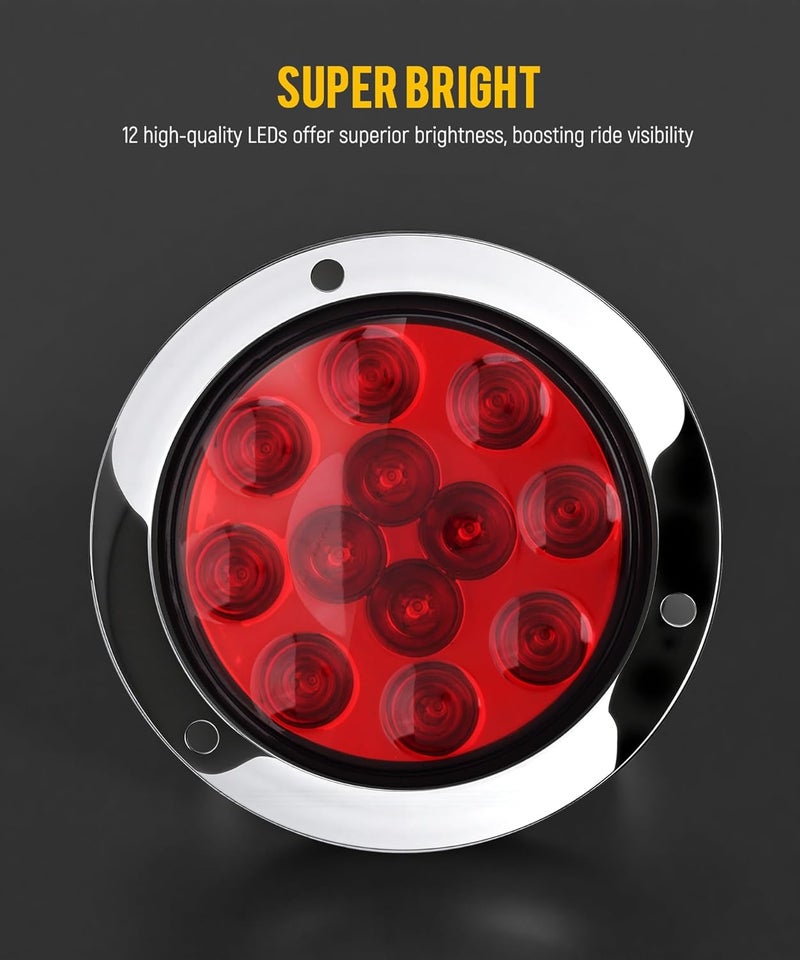 Partsam 10Pcs Red 4" Inch Round LED Trailer Tail Lights 12LED Flange Mount Stainless Steel Chrome Bezel Waterproof Stop Turn Tail Brake Lights Replacement for Trucks RV 12V - Image 4