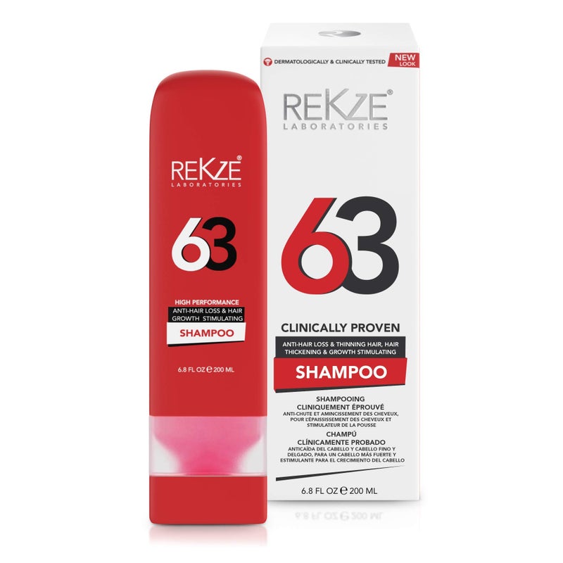 rekze شامبو نمو الشعر REKZE 63 - تركيبة قوية مثبتة سريرياً مع البيوتين والكافيين والزنك - علاج إعادة النمو والتكثيف للرجال والنساء، مانع DHT يمنع الت thinning وفقدان الشعر - Image 1