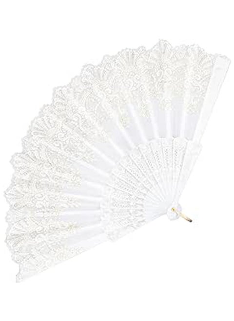 Folding Fan, Traditional Retro Style Handheld Fan with Fabric Plastic Frame for Wedding Party Dancing (White)