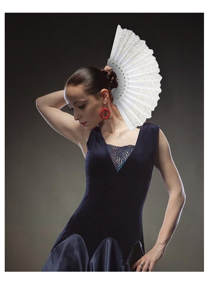 Folding Fan, Traditional Retro Style Handheld Fan with Fabric Plastic Frame for Wedding Party Dancing (White) - Image 4