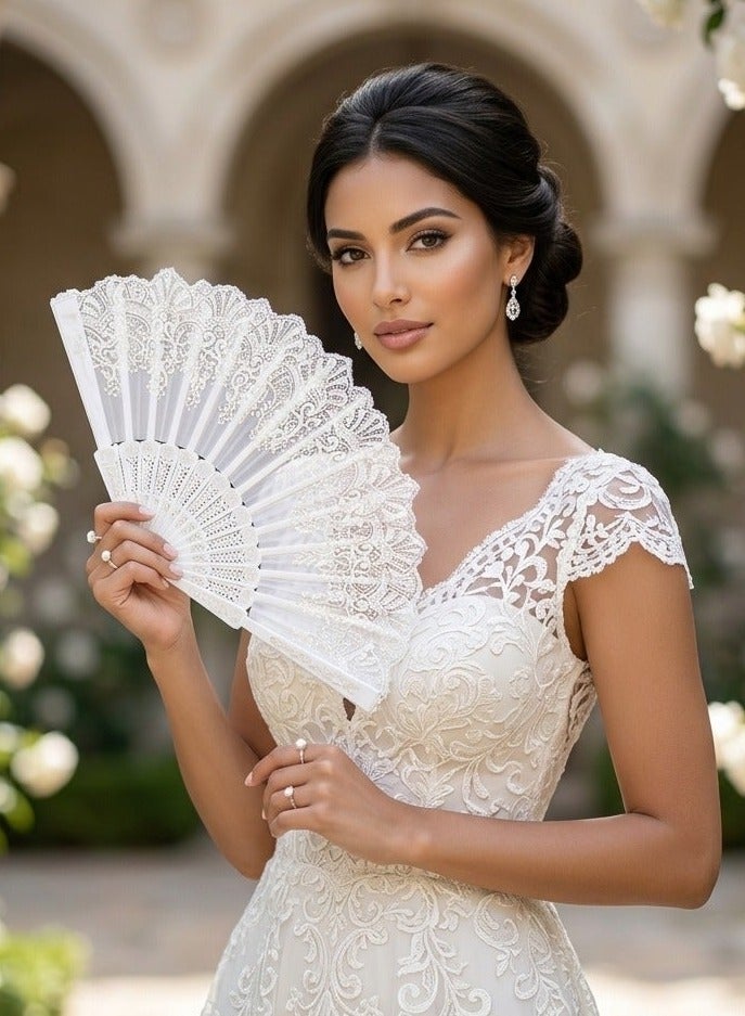 Folding Fan, Traditional Retro Style Handheld Fan with Fabric Plastic Frame for Wedding Party Dancing (White) - Image 1