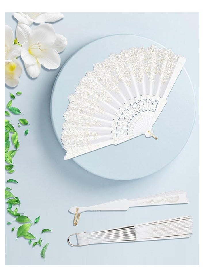 Folding Fan, Traditional Retro Style Handheld Fan with Fabric Plastic Frame for Wedding Party Dancing (White) - Image 2