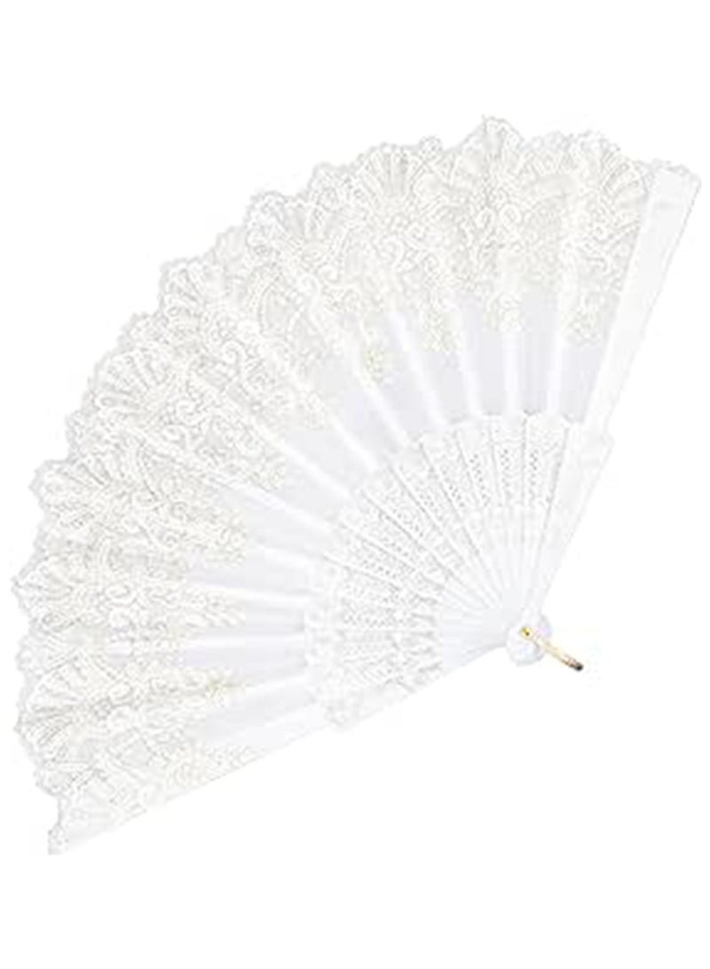 Folding Fan, Traditional Retro Style Handheld Fan with Fabric Plastic Frame for Wedding Party Dancing (White) - Image 3
