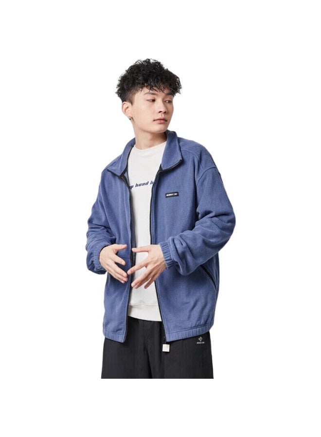 TonLion Fleece Jacket For Men, Stand-Up Collar, Loose Casual Jacket, Autumn Water Blue/Batch, Size L - Image 2