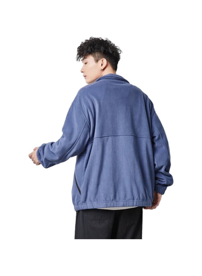 TonLion Fleece Jacket For Men, Stand-Up Collar, Loose Casual Jacket, Autumn Water Blue/Batch, Size L - Image 1