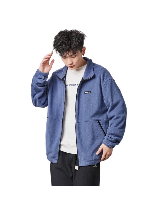 TonLion Fleece Jacket For Men, Stand-Up Collar, Loose Casual Jacket, Autumn Water Blue/Batch, Size L - Image 3