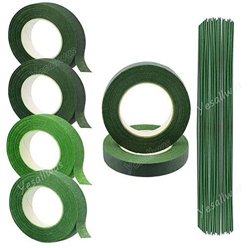 Yesallwas Floral Tape Stem Wrap 1/2 inch x 30 Yards 6 Rolls (2 shallow green, 4 deep green) with 50Pieces Dark Green Stem Wire Floral Wire 9.8 inch - Image 1