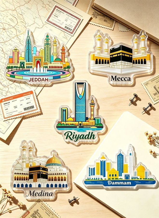 Ailily Saudi City Landmark Acrylic Fridge Magnet Set 5 Pieces, Makkah Madinah Riyadh Jeddah Dammam Tourist Souvenir Decor Magnets - Image 1