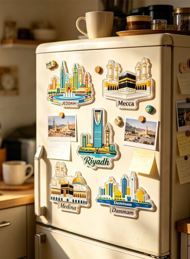 Ailily Saudi City Landmark Acrylic Fridge Magnet Set 5 Pieces, Makkah Madinah Riyadh Jeddah Dammam Tourist Souvenir Decor Magnets - Image 4