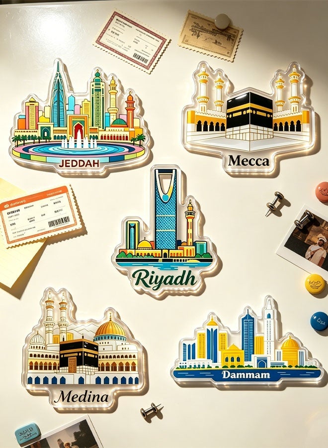 Ailily Saudi City Landmark Acrylic Fridge Magnet Set 5 Pieces, Makkah Madinah Riyadh Jeddah Dammam Tourist Souvenir Decor Magnets - Image 2