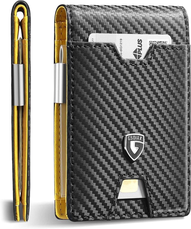 GSOIAX Men's Slim RFID Blocking Leather Wallet with Money Clip Minimalist Carbon Fiber Bifold Credit Card Holder 11 Card Slots Gift Box Included(Leather Brown), Carbon Yellow, Slim - Image 1