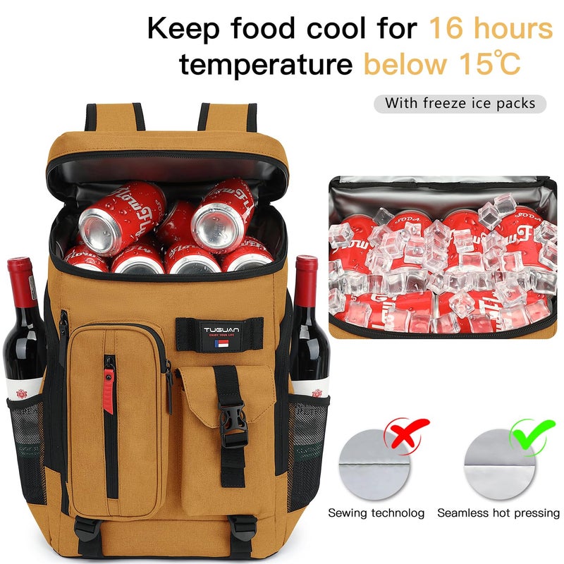 TUGUAN Cooler Backpack 36 Cans Insulated Leak Proof Lightweight Lunch Backpack for Men Work Portable Travel Thermal Bag Compartment Camping Hiking Beach Pincnic Cooler for Women, Brown - Image 3