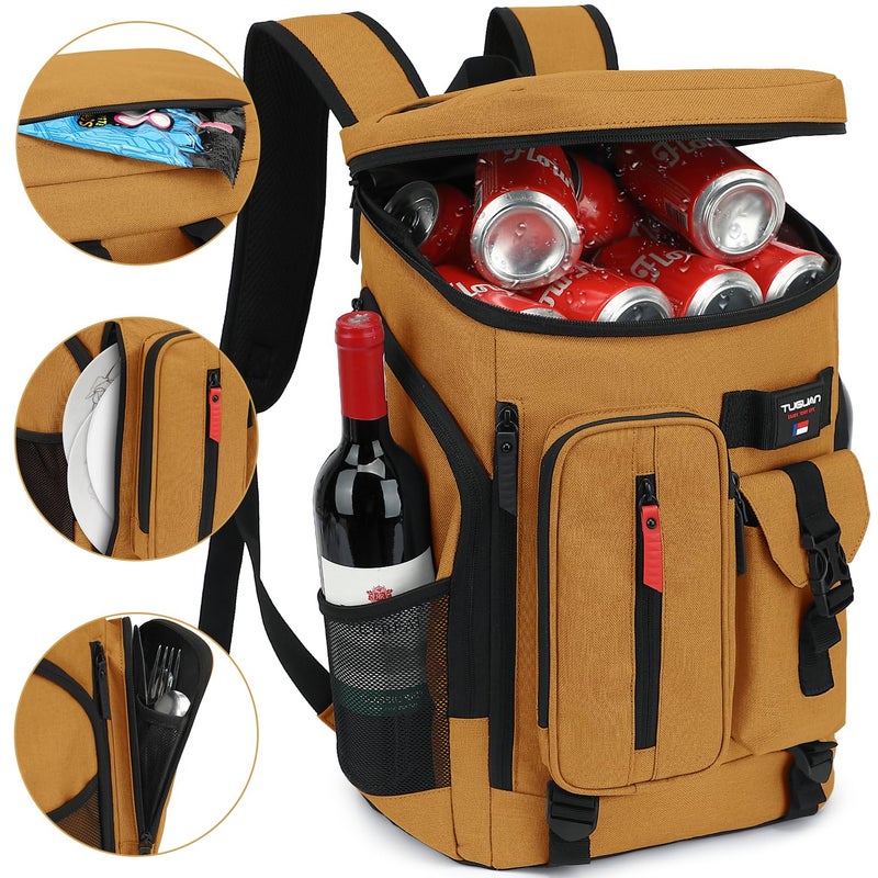 TUGUAN Cooler Backpack 36 Cans Insulated Leak Proof Lightweight Lunch Backpack for Men Work Portable Travel Thermal Bag Compartment Camping Hiking Beach Pincnic Cooler for Women, Brown - Image 4