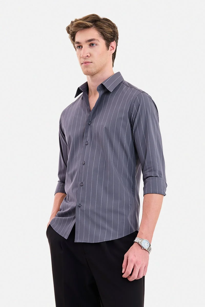 سنيتش Grey Striped Long Sleeve Slim Fit Formal Luxe Shirt