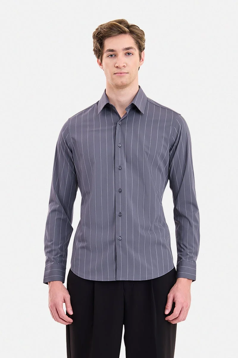 SNITCH Grey Striped Long Sleeve Slim Fit Formal Luxe Shirt