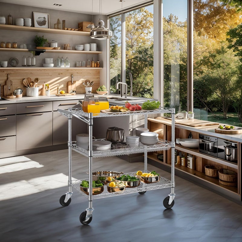 Finnhomy 3 Tier Heavy Duty Commercial Grade Utility Cart, Wire Rolling Cart with Handle Bar, Steel Service Cart with Wheels, Utility Shelf Plant Display Shelf Food Storage Trolley, NSF Listed - Image 3