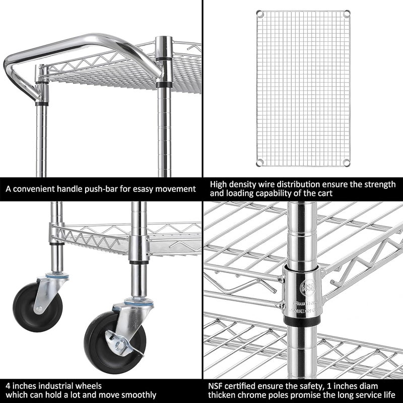 Finnhomy 3 Tier Heavy Duty Commercial Grade Utility Cart, Wire Rolling Cart with Handle Bar, Steel Service Cart with Wheels, Utility Shelf Plant Display Shelf Food Storage Trolley, NSF Listed - Image 5