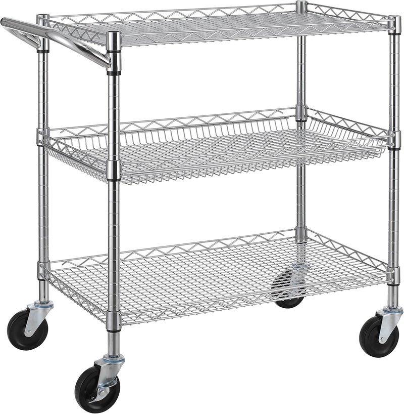 Finnhomy 3 Tier Heavy Duty Commercial Grade Utility Cart, Wire Rolling Cart with Handle Bar, Steel Service Cart with Wheels, Utility Shelf Plant Display Shelf Food Storage Trolley, NSF Listed - Image 1
