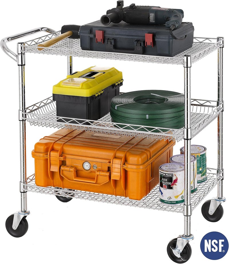 Finnhomy 3 Tier Heavy Duty Commercial Grade Utility Cart, Wire Rolling Cart with Handle Bar, Steel Service Cart with Wheels, Utility Shelf Plant Display Shelf Food Storage Trolley, NSF Listed - Image 2