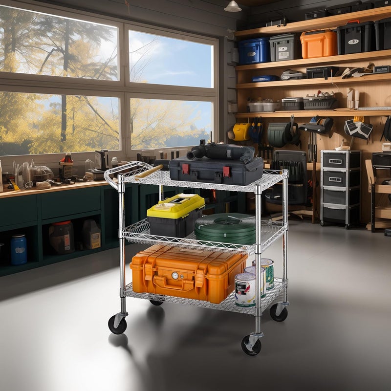 Finnhomy 3 Tier Heavy Duty Commercial Grade Utility Cart, Wire Rolling Cart with Handle Bar, Steel Service Cart with Wheels, Utility Shelf Plant Display Shelf Food Storage Trolley, NSF Listed - Image 4