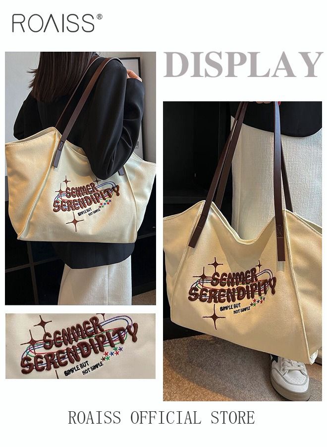 roaiss Women's Large-Capacity Bag All-Match Canvas Bag Commuter Shoulder Bag Student Tote Bag  - Image 3