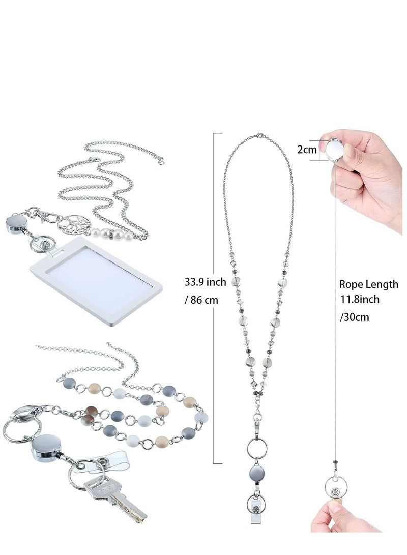Zikra 3 Pieces ID Badge Lanyard Necklace with ID Holder Clip Stainless Steel Beaded Chain Retractable Badge Reel Present - Image 2