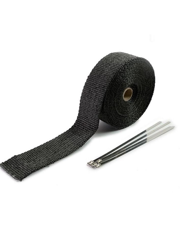 Generic Exhaust Heat-Wrap 5CM x 10M, Heat Wrap Roll Kit with 2 Stainless Steel Locking Ties, Pipe Heat Insulated Wrap. Fiber Heat-Wrap Universal |Acid Resistance Pipe Tape, Exhaust Header Tape (Black)  - Image 1