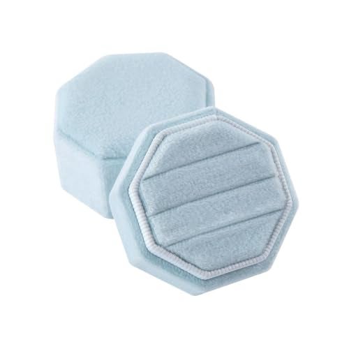JZTang Velvet Ring Box Octagon Shape 3 Slots Jewelry Box Triple Slots Ring Box Display Holder Elegant Jewelry Storage Box Gift for Proposal Engagement Anniversary Ceremony (Light Blue) - Image 1