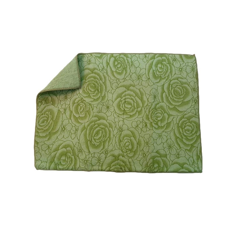 Inditradition Microfiber Flower Print Design Dish Drying Mat (15 x 20 Inches, Green) - Image 1