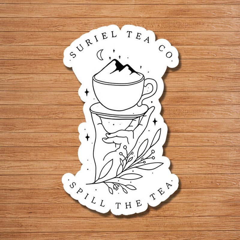 ملصق كوب شاي جبلي متعدد الألوان 3 بوصة "Spill The Tea"، مقاوم للخدش، ذو التصاق قوي، ملصق لأجهزة الكمبيوتر المحمولة وزجاجات المياه. - Image 1