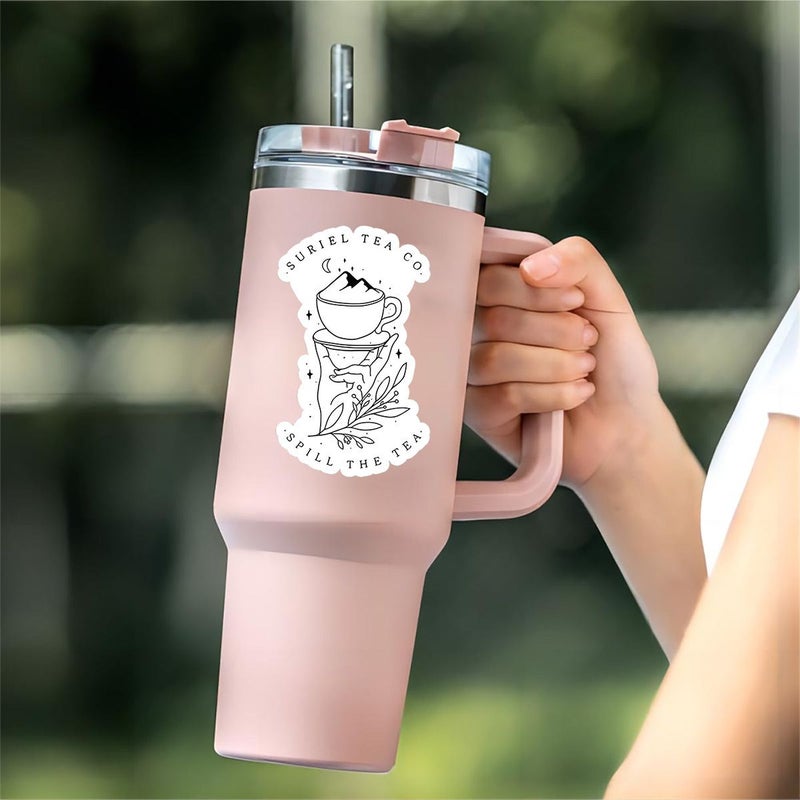 ملصق كوب شاي جبلي متعدد الألوان 3 بوصة "Spill The Tea"، مقاوم للخدش، ذو التصاق قوي، ملصق لأجهزة الكمبيوتر المحمولة وزجاجات المياه. - Image 4