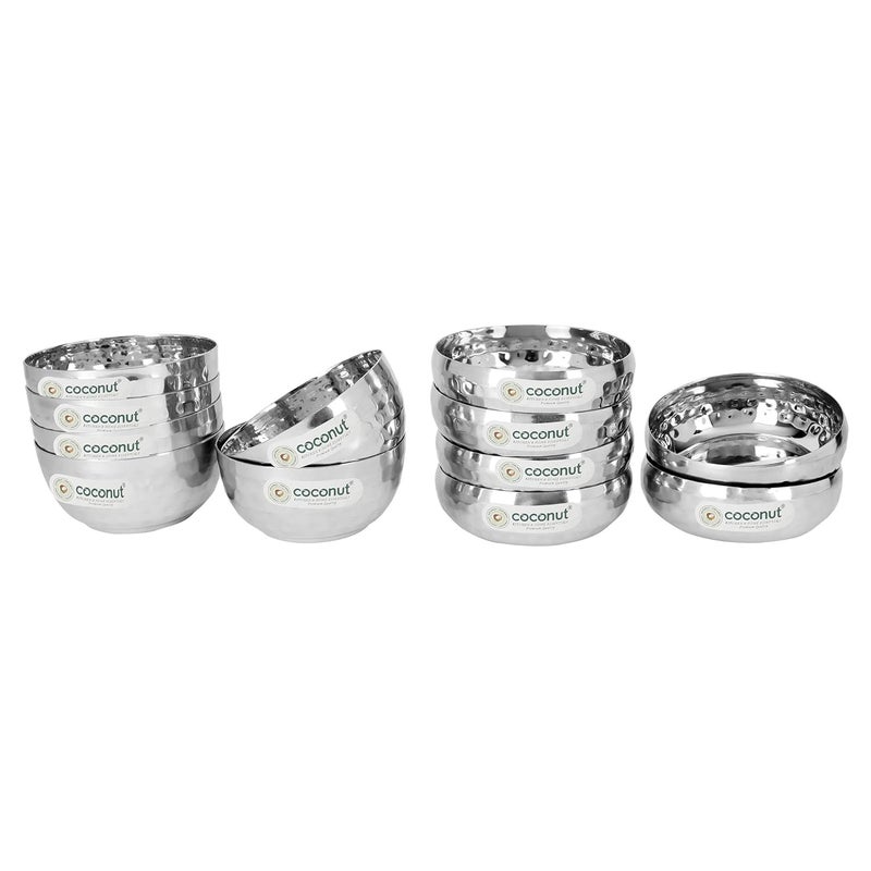 Coconut coconut Stainless Steel Combo C10 Hammred Apple BowlVati H3 Hammered Halwa PlateDesert Bowls and Serving Plates Pack of 12 6 Pc Each - Image 1
