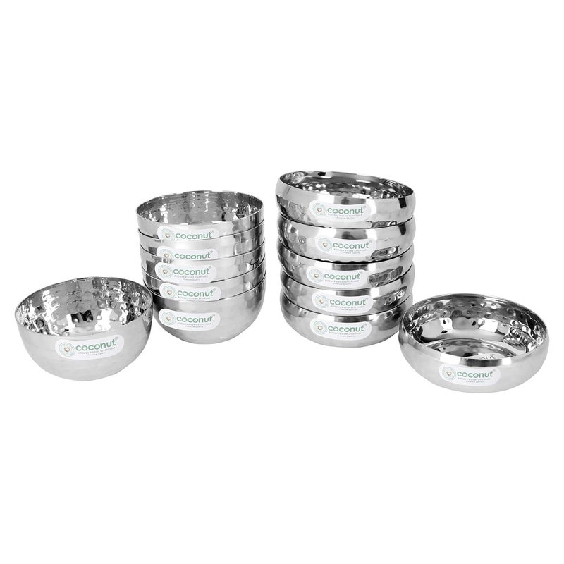 Coconut coconut Stainless Steel Combo C10 Hammred Apple BowlVati H3 Hammered Halwa PlateDesert Bowls and Serving Plates Pack of 12 6 Pc Each - Image 2