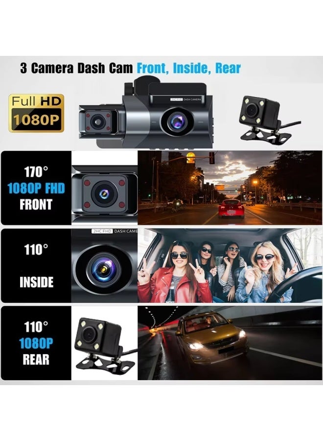 الدليبن كاميرا سيارة DVR بثلاث كاميرات، مسجل فيديو لاسلكي للسيارة بتقنية واي فاي، كاميرا أمامية وخلفية داخلية بتقنية واي فاي، تسجيل دوري عالي الدقة بزاوية 170 درجة، مع وضع ركن السيارة على مدار 24 ساعة، وبطاقة ذاكرة 32 جيجابايت (نظام تحديد المواقع العالمي (GPS) مدمج بتقنية واي فاي). - Image 5