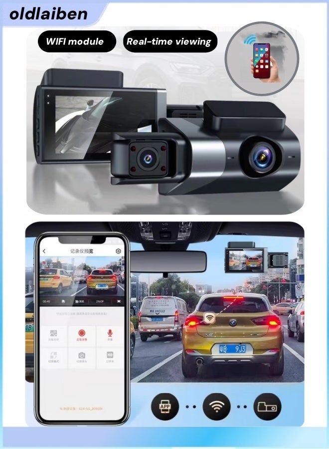 الدليبن كاميرا سيارة DVR بثلاث كاميرات، مسجل فيديو لاسلكي للسيارة بتقنية واي فاي، كاميرا أمامية وخلفية داخلية بتقنية واي فاي، تسجيل دوري عالي الدقة بزاوية 170 درجة، مع وضع ركن السيارة على مدار 24 ساعة، وبطاقة ذاكرة 32 جيجابايت (نظام تحديد المواقع العالمي (GPS) مدمج بتقنية واي فاي). - Image 1