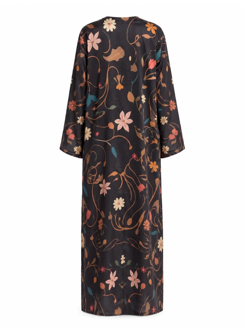 Amnad International  Layali Bloom Silk Abaya Set - Black Botanical Floral Print, Wide Sleeves & Matching Chiffon Hijab for Women | Best Price UAE
