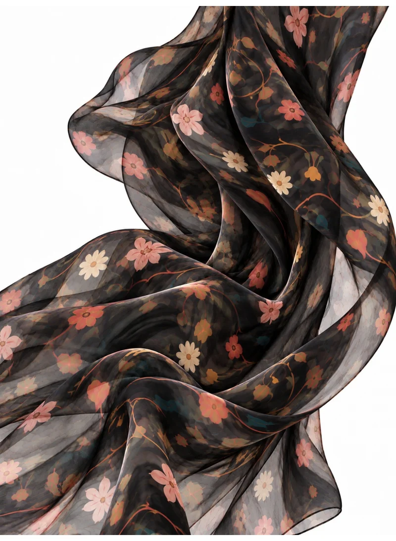 Amnad International  Layali Bloom Silk Abaya Set - Black Botanical Floral Print, Wide Sleeves & Matching Chiffon Hijab for Women | Best Price UAE