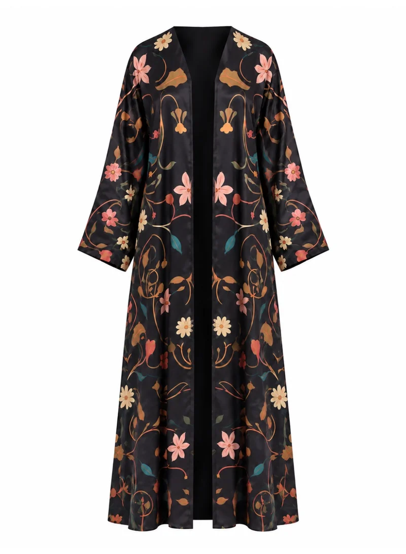 Amnad International  Layali Bloom Silk Abaya Set - Black Botanical Floral Print, Wide Sleeves & Matching Chiffon Hijab for Women | Best Price UAE