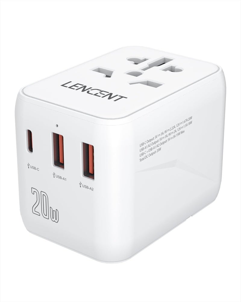 Lencent Universal Travel Adapter, PD20W International Charger with 2 USB Ports & type-C Fast Charging Adaptor, Worldwide Wall Charger for iPhone, Galaxy, Laptop, USA/UK/EU/AUS, (White) - Image 1