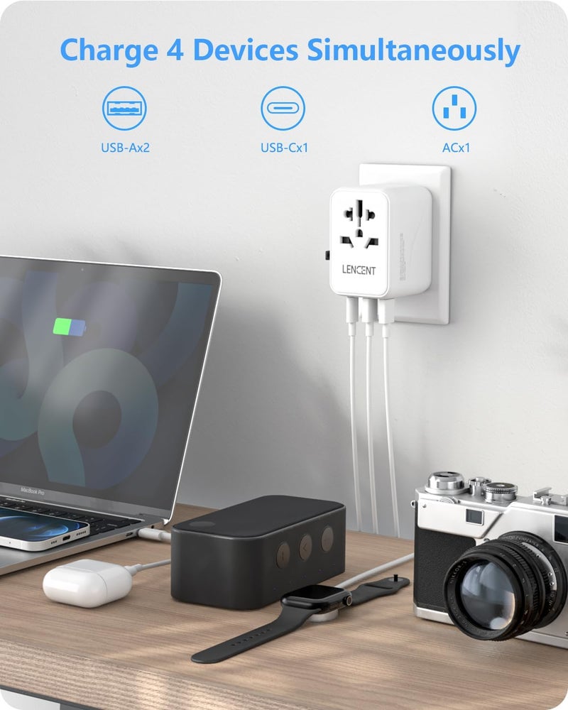 Lencent Universal Travel Adapter, PD20W International Charger with 2 USB Ports & type-C Fast Charging Adaptor, Worldwide Wall Charger for iPhone, Galaxy, Laptop, USA/UK/EU/AUS, (White) - Image 4