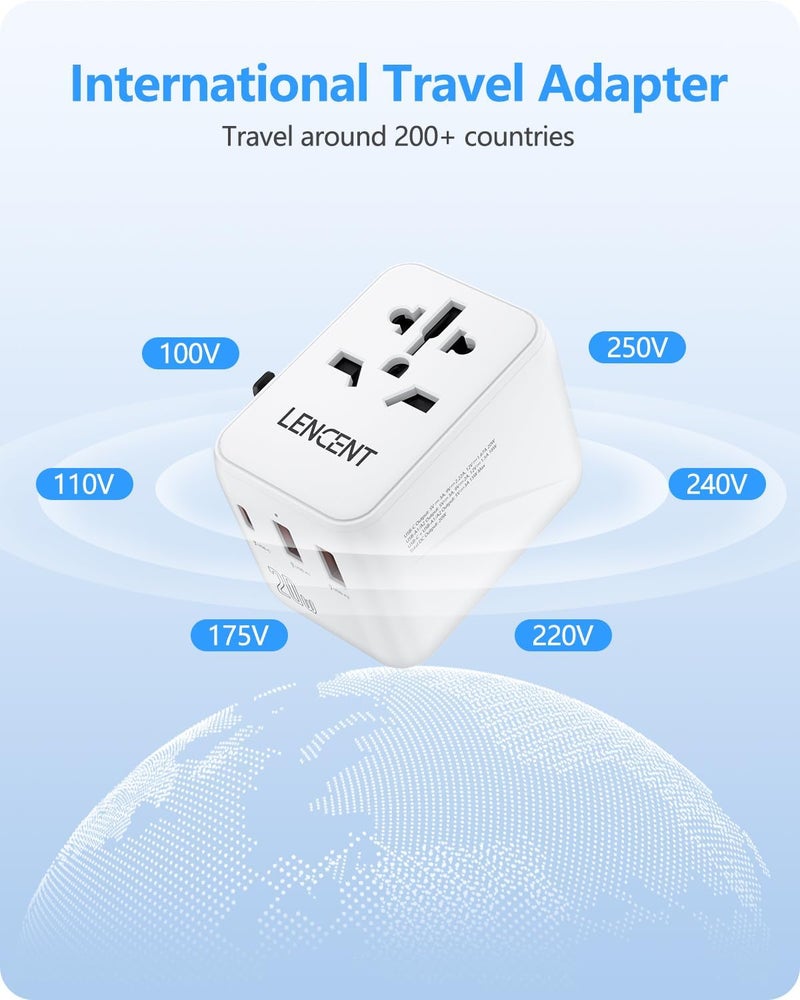 Lencent Universal Travel Adapter, PD20W International Charger with 2 USB Ports & type-C Fast Charging Adaptor, Worldwide Wall Charger for iPhone, Galaxy, Laptop, USA/UK/EU/AUS, (White) - Image 5