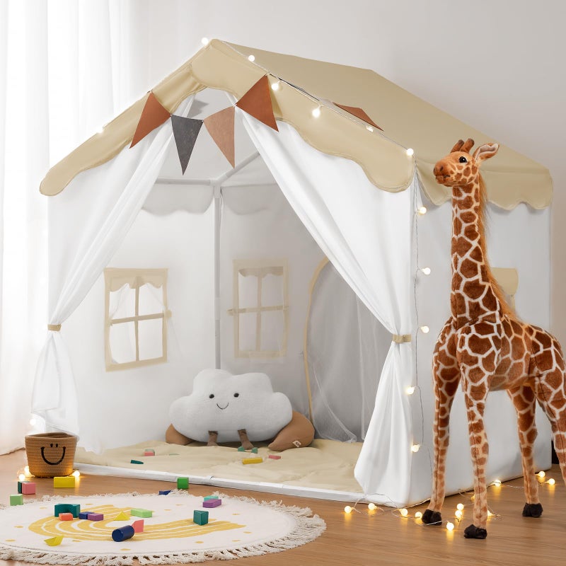 besrey Kids Play Tent 2 in 1 with Padded Mat and Lights Large Kids Playhouse with 2 Doors 4 Windows Indoor Outdoor Christmas Toddler Tent 51 x35 x 51 Brown - Image 3