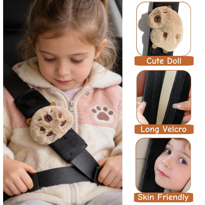 Zigihos 2 PCS Seat Belt Cover Pad, Cute Kawaii Animal Capybara Seatbelt Covers for Kids, Soft Seatbelt Cushion, Car Seat Strap Pads (Black(A)) - Image 4