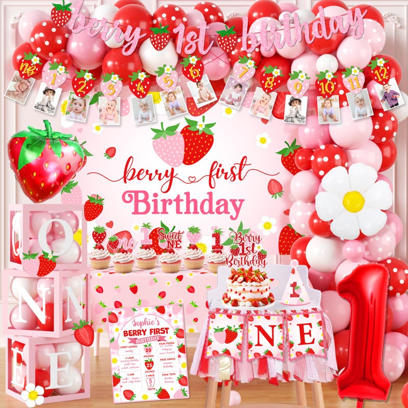 ILUIGGW Berry First Birthday Decor Strawberry 1st Birthday Decorations Girl with Strawberry Balloons Berry First Party Backdrop Photo Banner Cake Toppers for Girl 1st Party Decorations - Image 2