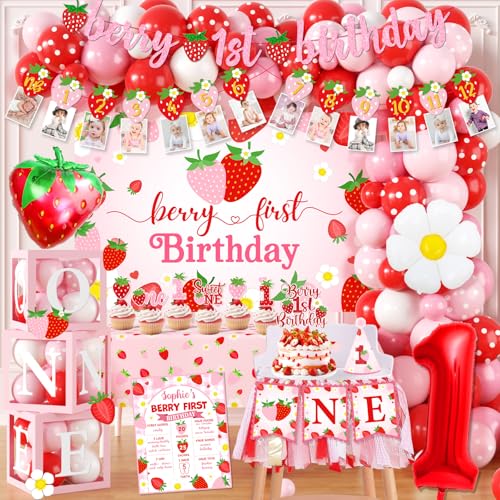 ILUIGGW Berry First Birthday Decor Strawberry 1st Birthday Decorations Girl with Strawberry Balloons Berry First Party Backdrop Photo Banner Cake Toppers for Girl 1st Party Decorations - Image 1