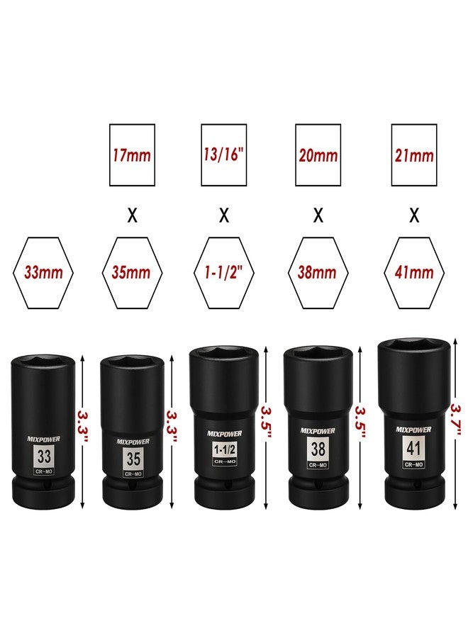 MIXPOWER 5PCS 1" Drive Truck Combination Budd Wheel Impact Socket Set, 33mm, 35mm x 17mm, 1-1/2" x 13/16", 38mm x 20mm, 41mm x 21mm - Image 4