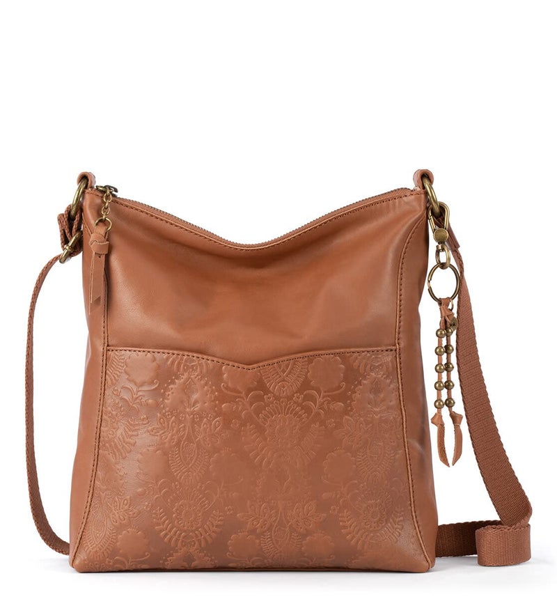 The Sak Lucia Crossbody Bag in Leather, Convertible Purse with Adjustable Strap, Tobacco Floral Embossed - Image 1