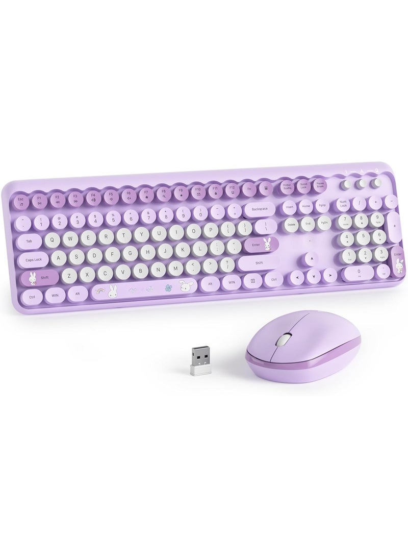 Purple Wireless Keyboard & Mouse Combo – 2.4GHz Reliable Connection – Retro Round Keycaps – Full Size with Number Pad – Silent Use - Image 1